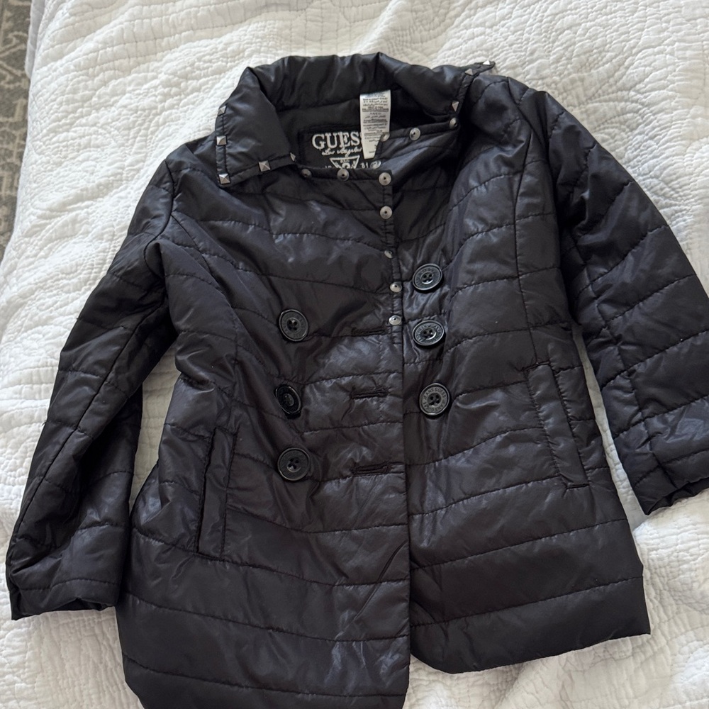 GUESS Black Quilted Double-Breasted Puffer Jacket